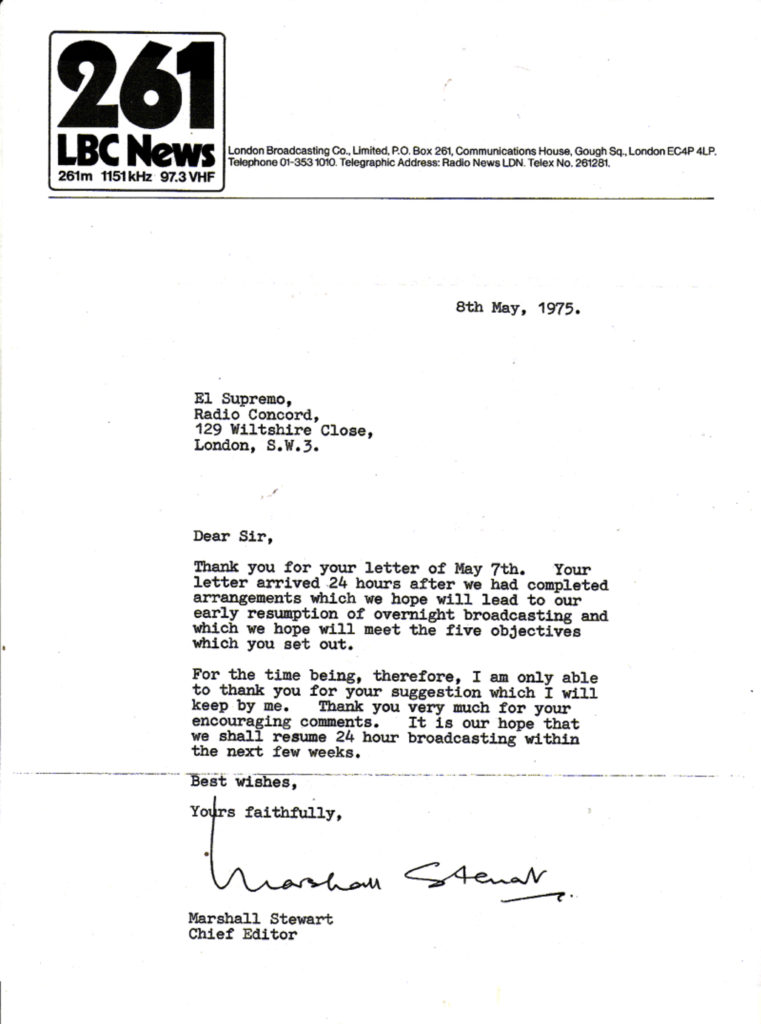 Reply to El Supremo at Radio Concord from Editor-in-Chief Marshall Stewart of London Broadcasting Co. - May 8,1975